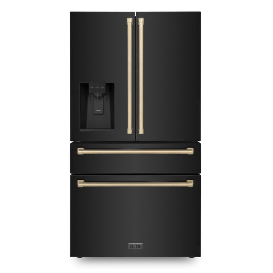 ZLINE 36 In. Autograph Refrigerator with Water and Ice Dispenser in Black with Champagne Bronze Handles, RFMZ-W-36-BS-CB - Luxy Appliance