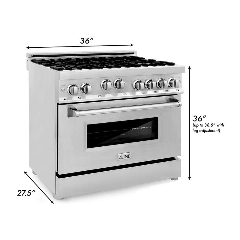 ZLINE 36 Inch Professional Gas Burner and Gas Oven Range in Stainless Steel, RG36 - Luxy Appliance