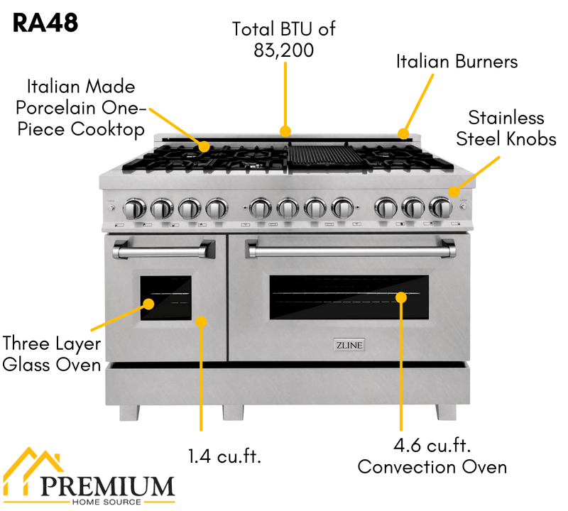 ZLINE 48 in. Professional Gas Burner and Electric Oven in Stainless Steel, RA48 - Luxy Appliance