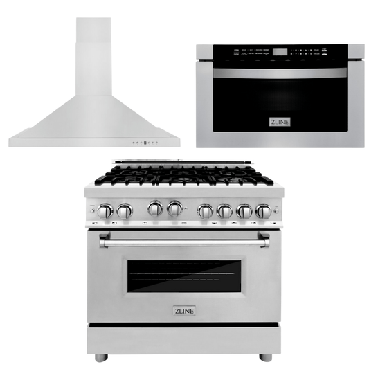 ZLINE Appliance Package - 36 in. Gas Range, Range Hood and Microwave Drawer, 3KP-RGRH36-MW - Luxy Appliance