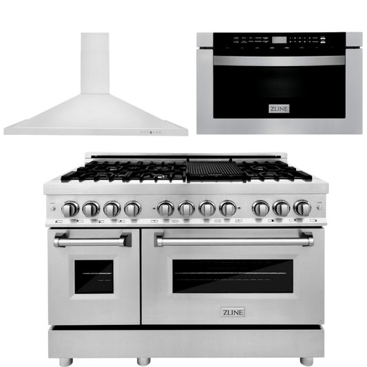 ZLINE Appliance Package - 48 in. Dual Fuel Range, Range Hood, Microwave Drawer, 3KP-RARH48-MW - Luxy Appliance