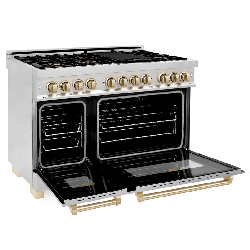 ZLINE Autograph 48 in. Gas Burner/Electric Oven in Stainless Steel with Gold Accents, RAZ-48-G - Luxy Appliance