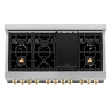 ZLINE Autograph 48 in. Gas Burner/Electric Oven in Stainless Steel with Gold Accents, RAZ-48-G - Luxy Appliance