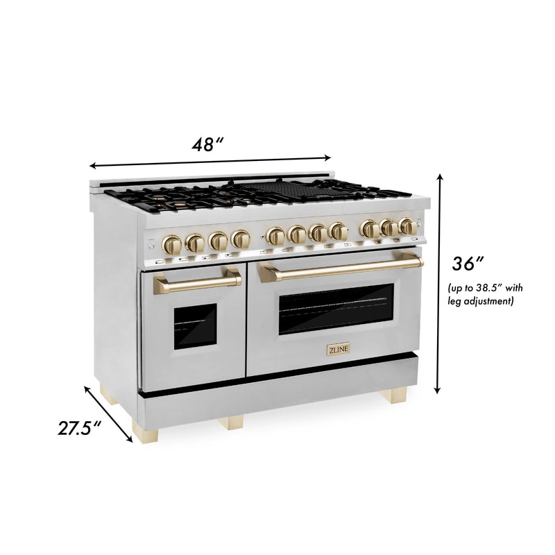 ZLINE Autograph 48 in. Gas Burner/Electric Oven in Stainless Steel with Gold Accents, RAZ-48-G - Luxy Appliance