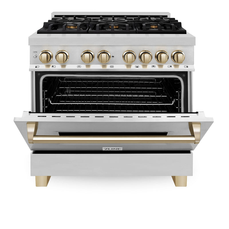 ZLINE Kitchen and Bath Autograph Edition 36 In. Range with Gas Stove and Electric Oven in Stainless Steel with Gold Accent, RAZ-36-G - Luxy Appliance