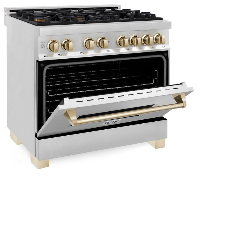 ZLINE Kitchen and Bath Autograph Edition 36 In. Range with Gas Stove and Electric Oven in Stainless Steel with Gold Accent, RAZ-36-G - Luxy Appliance
