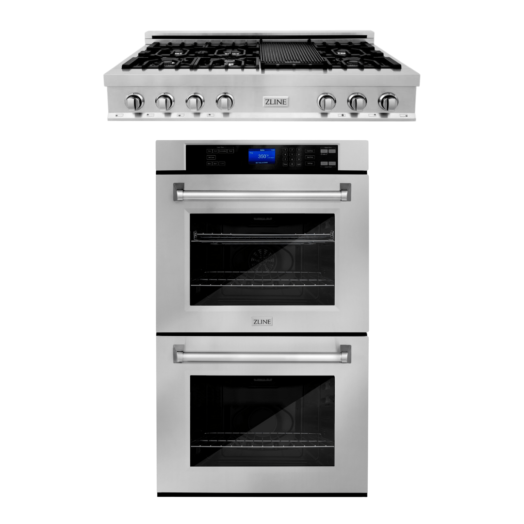 ZLINE Kitchen Appliance Package with 48 in. Stainless Steel Rangetop and 30 in. Double Wall Oven, 2KP-RTAWD48 - Luxy Appliance