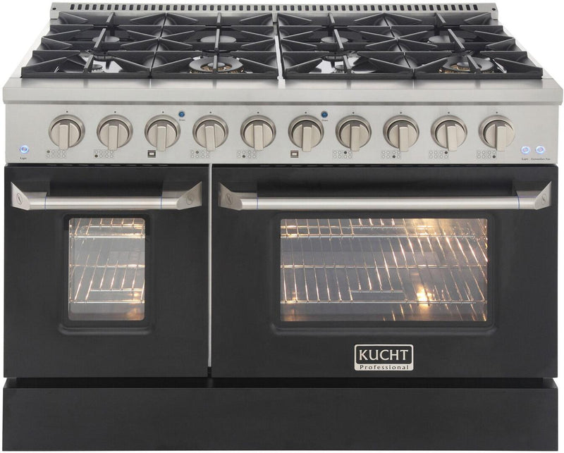 Kucht Professional 48 in. 6.7 cu ft. Propane Gas Range with Black Door and Silver Knobs, KNG481/LP-K - Luxy Appliance