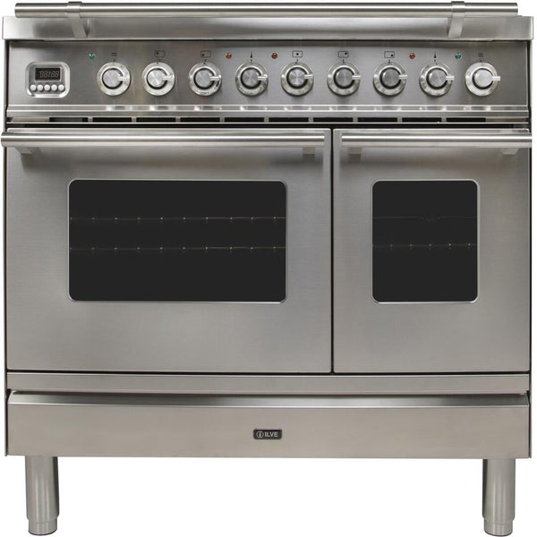ILVE 36 in. Professional Plus Series Natural Gas Burner and Electric Oven Range in Stainless Steel with Chrome Trim, UPDW90FDMPING - Luxy Appliance