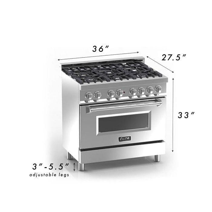 ZLINE 36 in. Professional Gas Burner/Electric Oven Stainless Steel Range with DuraSnow® Finish Door, RA-SN-36 - Luxy Appliance