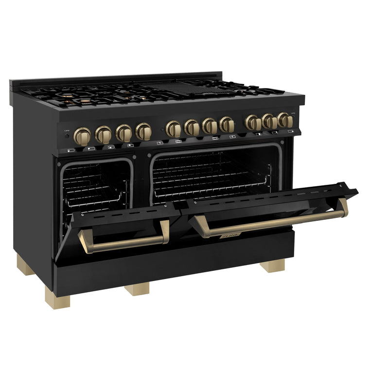 ZLINE Autograph 48 in. Gas Burner/Electric Oven Range in Black Stainless Steel and Champagne Bronze Accents, RABZ-48-CB - Luxy Appliance