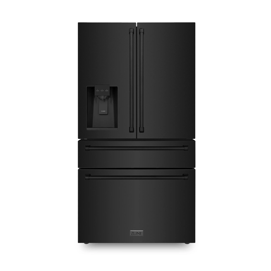 ZLINE 36 inch French Door Refrigerator with Water Dispenser, Ice Maker in Fingerprint Resistant Black Stainless Steel, RFM-W-36-BS - Luxy Appliance