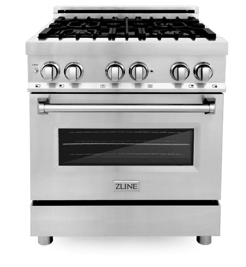 ZLINE Appliance Package - 30 in. Dual Fuel Range, 30 in. Range Hood, Microwave Drawer, Dishwasher, 4KP-RARH30-MWDW - Luxy Appliance