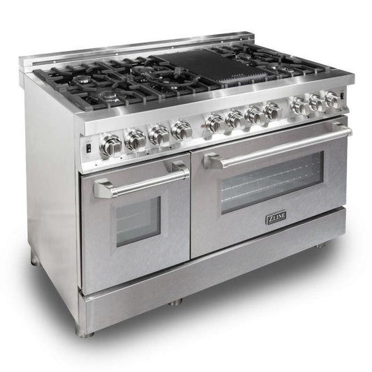 ZLINE 48 in. Professional Gas Burner/Electric Oven Stainless Steel 6.0 cu.ft. 7 Range - DuraSnow® Finish Door, RA-SN-48 - Luxy Appliance