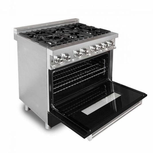 ZLINE 36 in. Professional Gas Burner/Electric Oven Stainless Steel Range with Black Matte Door, RA-BLM-36 - Luxy Appliance